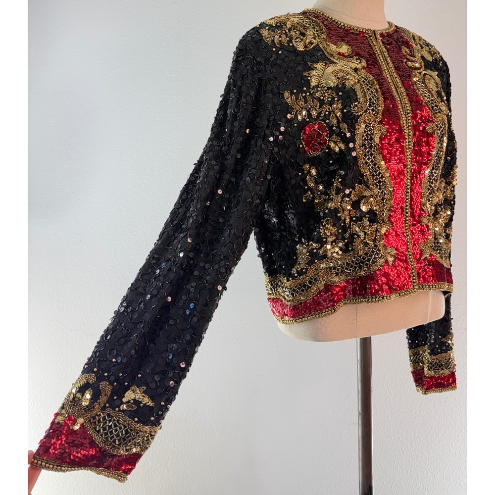 Vintage Oleg Cassini Black Tie Sequin Beaded Silk Blazer Jacket Black Gold Red - Picture 5 of 11